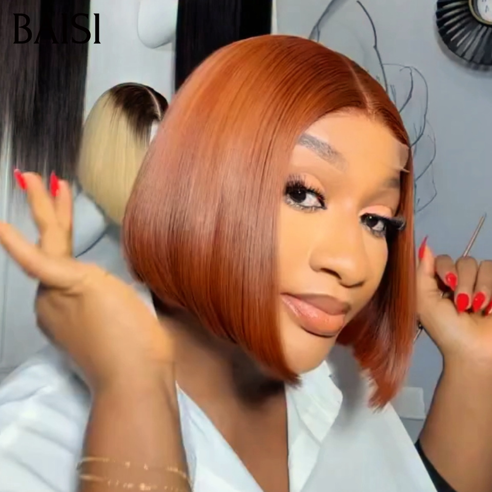 BAISI  2x6 Lace Perruque BOB Lisse 8 Pouces 95€ en Couleur Marron dorée 4/33# Authentique En 100% Cheveux Humains