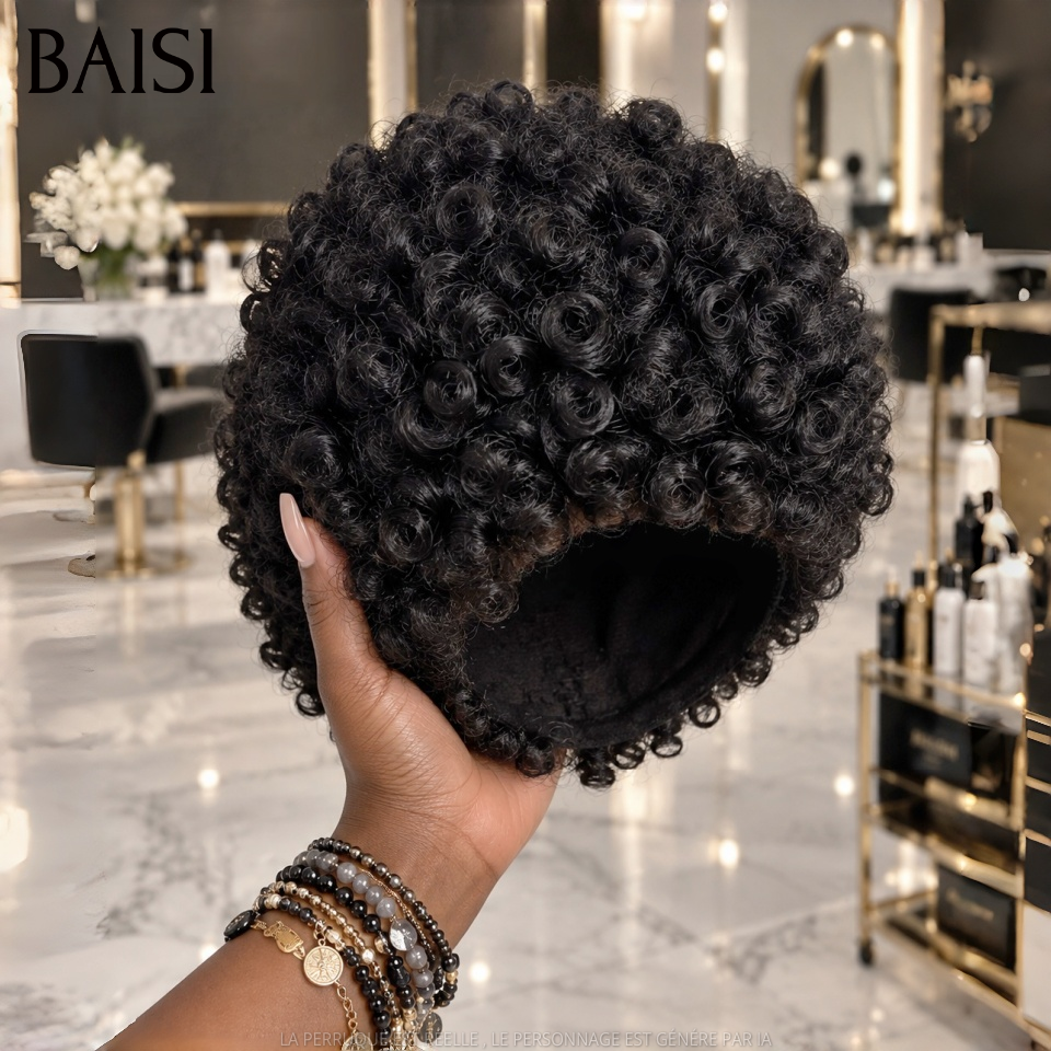 BAISI Perruque Pixie Afro curl Couleur Noir 1B# 56€ Sans Colle Sans Lace Pour Débutante Beauté Possessive en 100% Cheveux humains