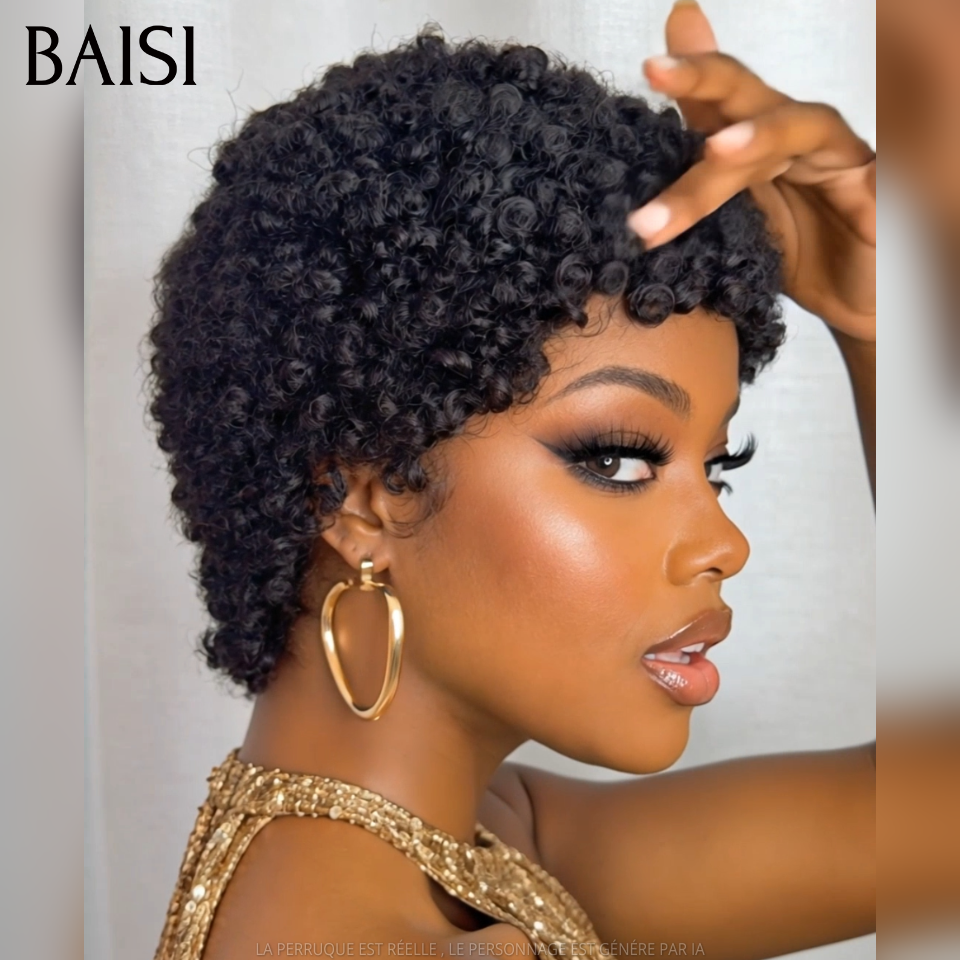 BAISI Perruque Pixie Afro curl Couleur Noir 1B# 56€ Sans Colle Sans Lace Pour Débutante Beauté Possessive en 100% Cheveux humains