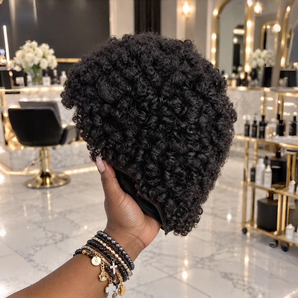 BAISI Perruque Pixie Afro curl Couleur Noir 1B# 56€ Sans Colle Sans Lace Pour Débutante Beauté Possessive en 100% Cheveux humains