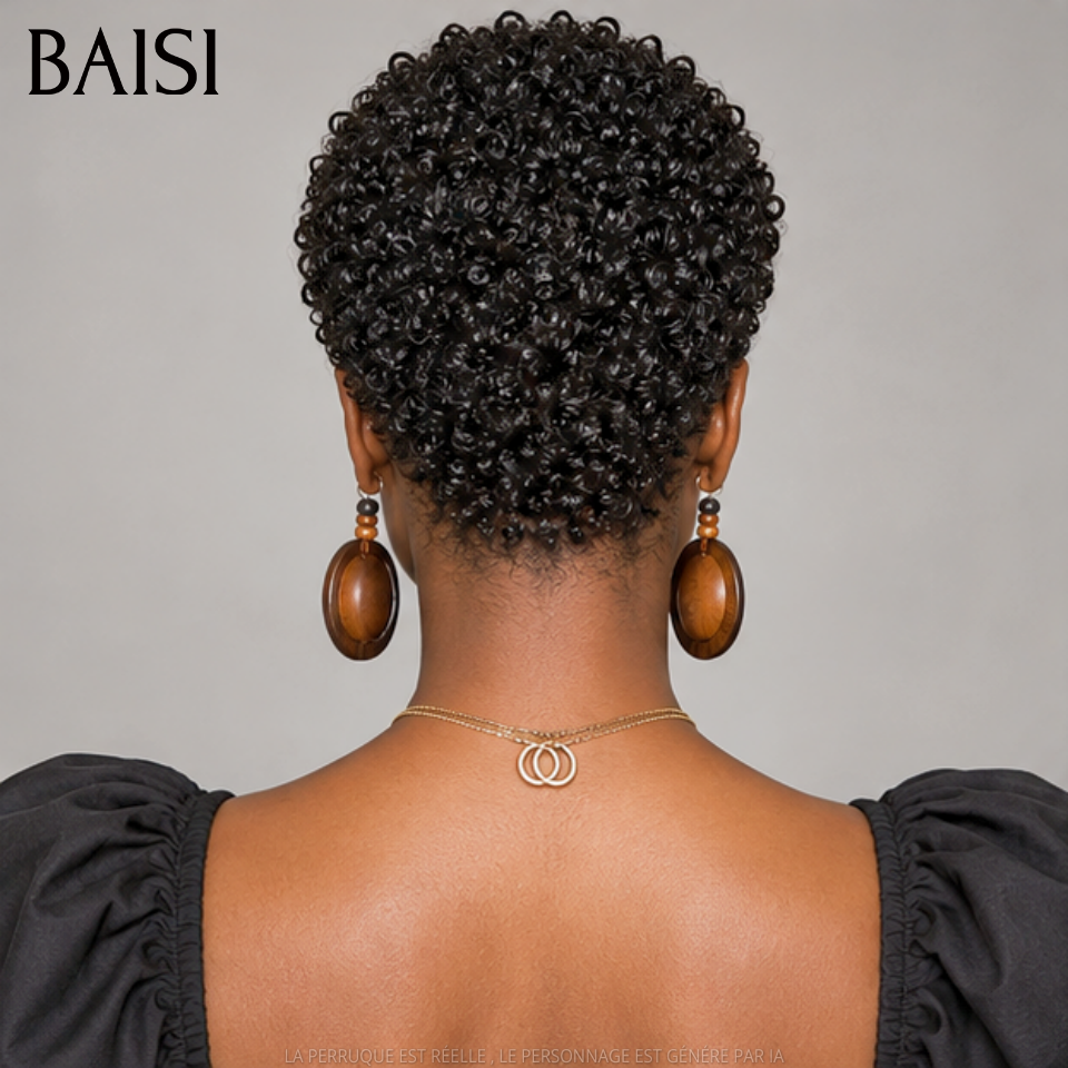 BAISI  Full Lace Perruque Pixie Courte Frisées Aves Nattes de Côté Déjà Coiffée  159€ Couleur Noir #1B Très Bonne Qualité 100% Cheveux humains MP50