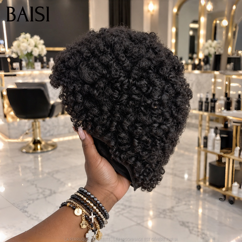 BAISI Perruque Pixie Afro curl Couleur Noir 1B# 56€ Sans Colle Sans Lace Pour Débutante Beauté Possessive en 100% Cheveux humains