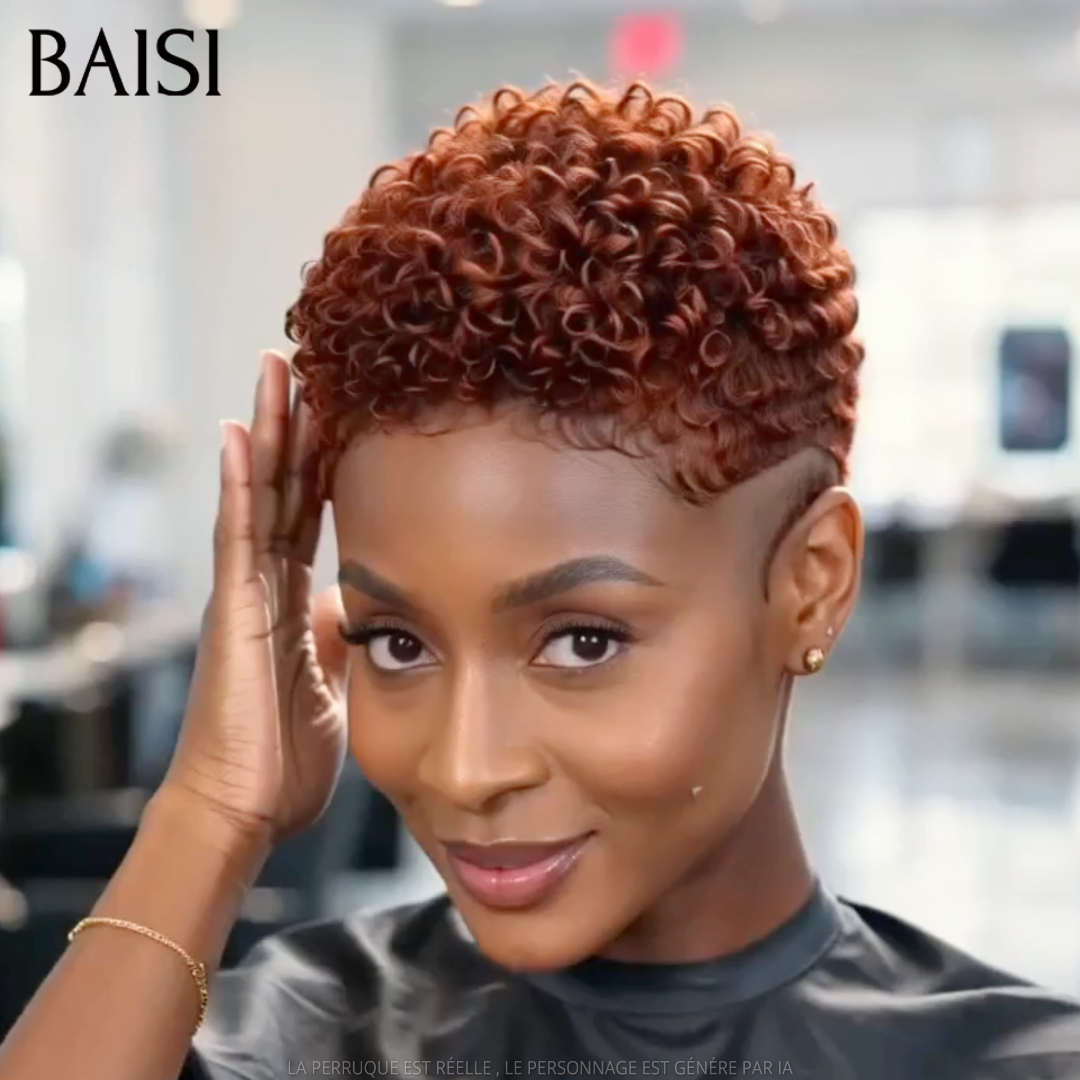 BAISI Perruque Pixie Courte Curly Déjà Coiffée En Full Lace ou Sans Colle Sans Lace Couleur Orange Gingembre #350 Super Stylé en 100% Cheveux humains