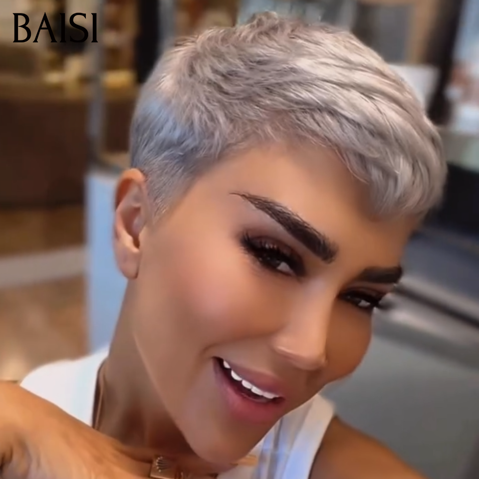 BAISI 13x4 Lace Perruque Pixie Courte Lisse 1BGris 99€ Ou Gris 98€ Style Contemporaine Rajeûnissante en 100% Cheveux humains