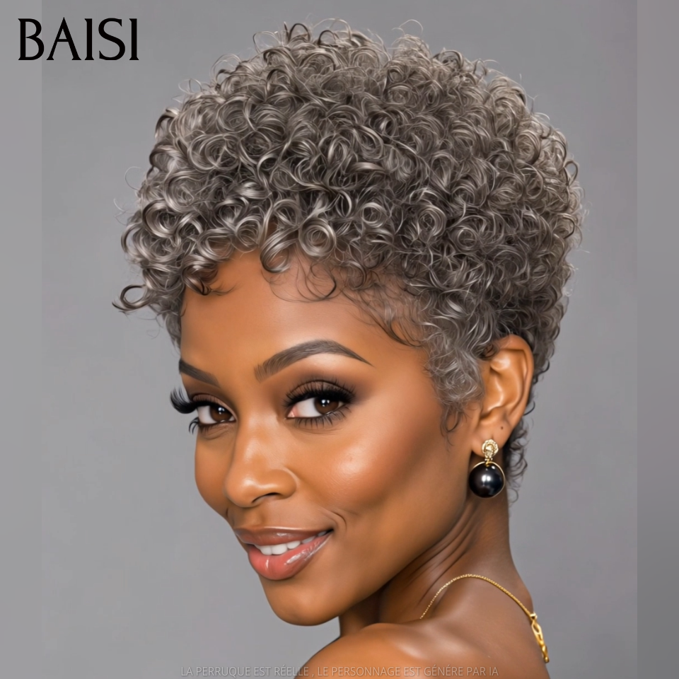 BAISI Perruque Pixie Curly Wave Couleur Gris# 89€ Sans colle Sans Lace Coiffure Rajeûnissante Très Bonne qualité en 100% Cheveux humains