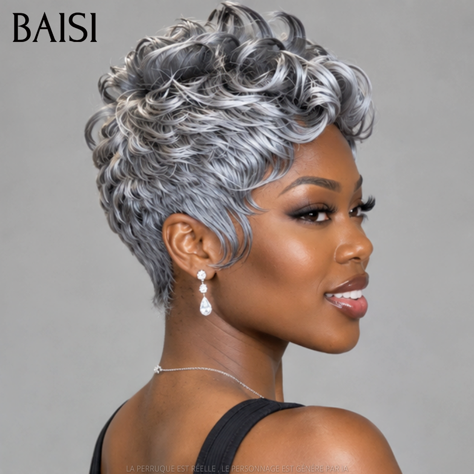 BAISI Perruque Pixie Courte Wave Gris 79€ Collection Poivre et Sel Couleur Authentique Trop Classe Cheveux Original en 100% Cheveux humains