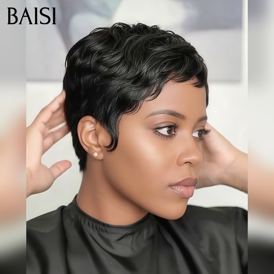 BAISI 2 Perruques Pixie Lisse Sans Colle Sans Lace Couleur Marron et NOIR Confort toute la Journée en 100% cheveux humains