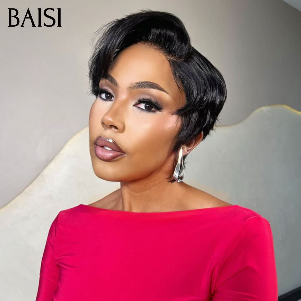 BAISI  13X4 lace Perruque Pixie Lisse Noir 6Pouces Prix Promo 68€ Seulement en 100% Cheveux Humains