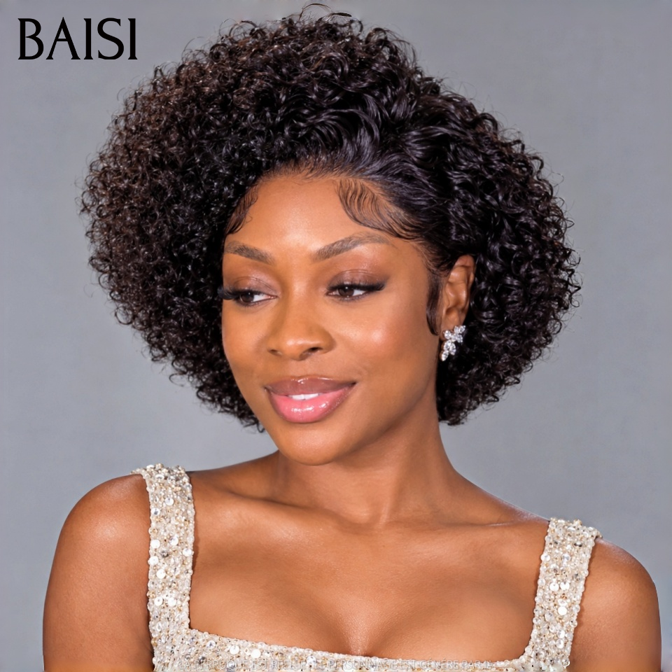BAISI 13x4 Lace Perruque Pixie Curly 69€ Seulement Couleur Noir 1B# Avec Raie de Côté Qualité Enviante en 100% Cheveux humains
