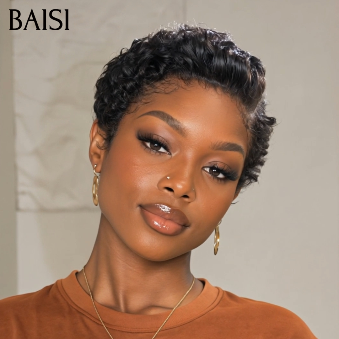 BAISI 13x4 Lace Perruque Pixie Wave Noir 68€ Prête A Porter Meilleure Perruque de Vacances Pas Chèr en 100% Cheveux humains