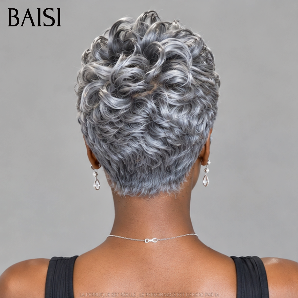 BAISI Perruque Pixie Courte Wave Gris 79€ Collection Poivre et Sel Couleur Authentique Trop Classe Cheveux Original en 100% Cheveux humains