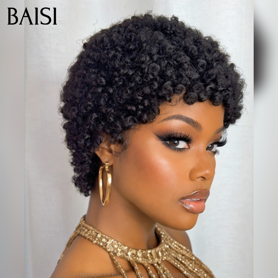 BAISI Perruque Pixie Afro curl Couleur Noir 1B# 56€ Sans Colle Sans Lace Pour Débutante Beauté Possessive en 100% Cheveux humains
