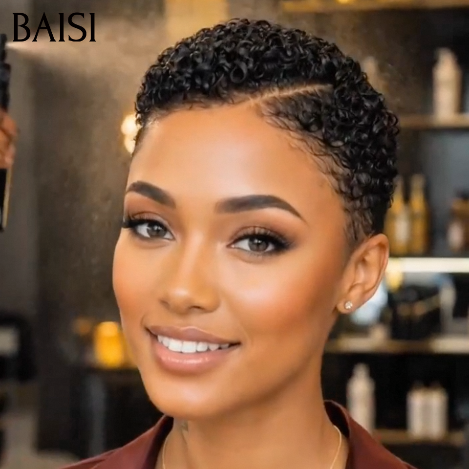 BAISI 13x4 Lace Perruque Pixie  Kinky Curly Déjà Coiffée 72€ Couleur Noir 1B# 100% Identique Très Bonne Qualité en 100% Cheveux humains