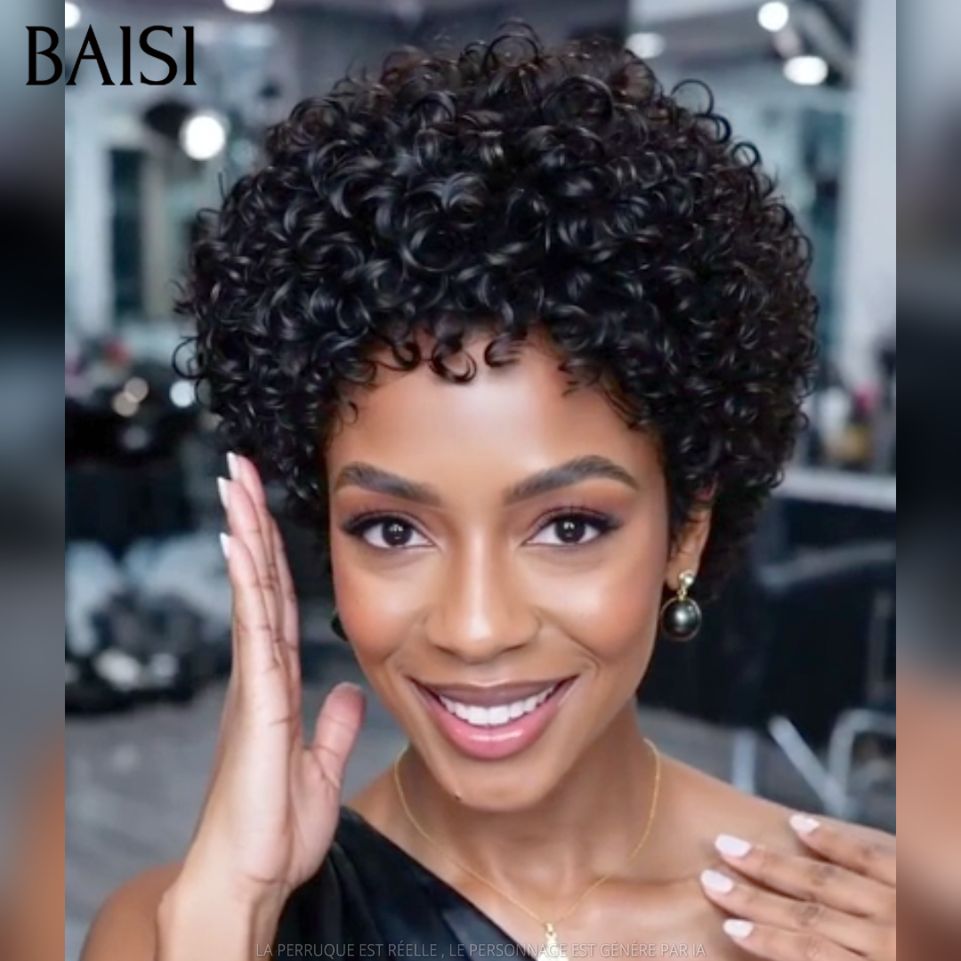 BAISI 13x4 Lace Perruque Pixie Courte Curly Couleur Noir 60€ Très Bonne Qualité en 100% Cheveux humains