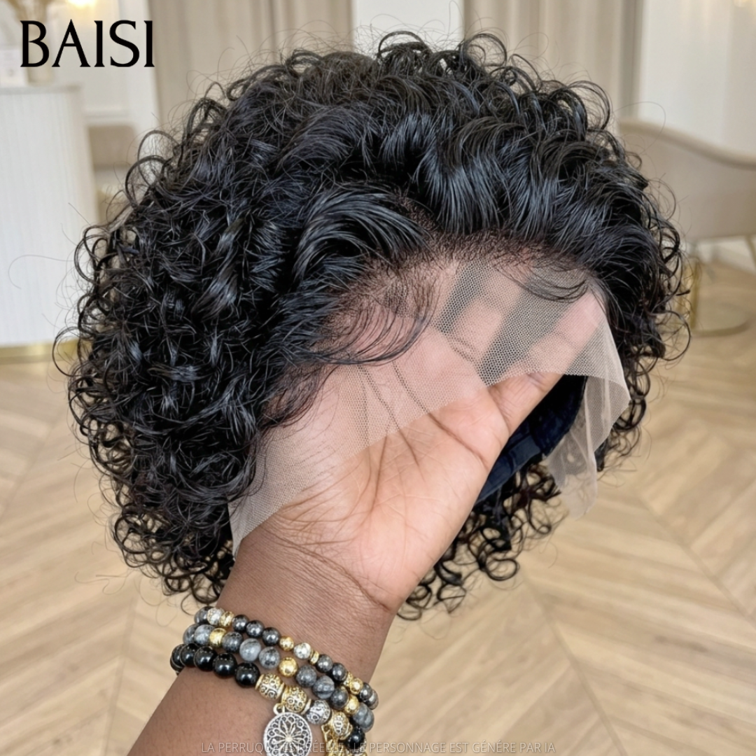 BAISI 13x4 Lace Perruque Pixie Courte Curly Couleur Noir 58€ Très Bonne Qualité en 100% Cheveux humains