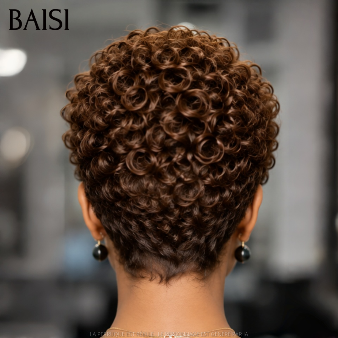 BAISI Perruque Pixie Curly Courte Marron 68€ Sans Colle Sans Lace Pratique Au Quotidien en 100% Cheveux humains