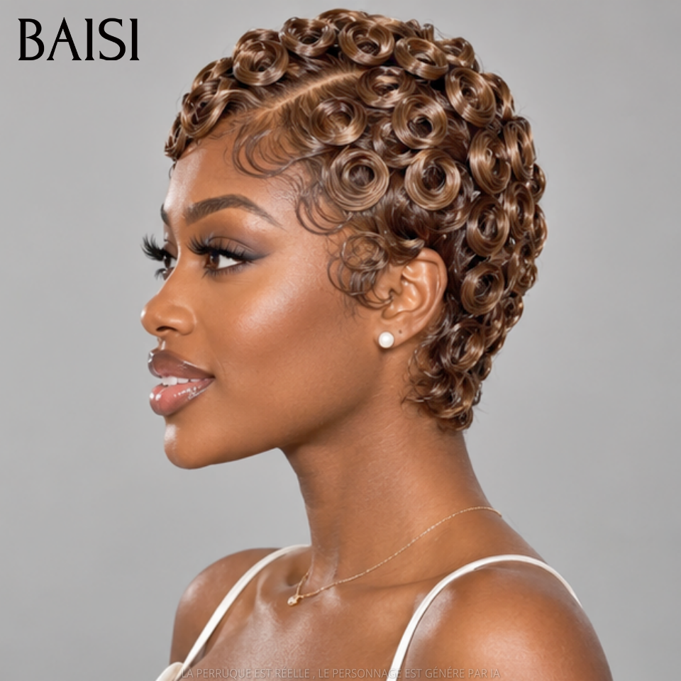 BAISI 13x4 Lace Perruque  Pixie Curly Wave 79€ Couleur Marron #4 Nouveautés 2026 en 100% Cheveux humains