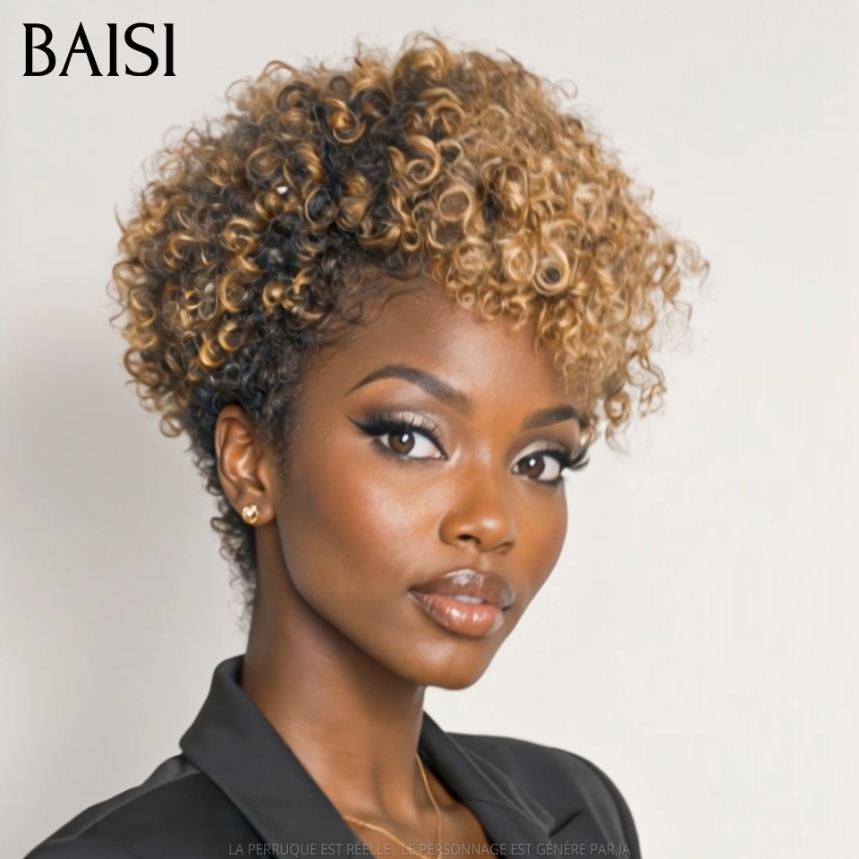 BAISI Perruque Pixie curly Courte Couleur Miel et Noir 1B/27# 68€ Sans Colle Sans Lace Idéale Pour Sortir ou Pour le Travail Très Bonne qualité en 100% Cheveux humains