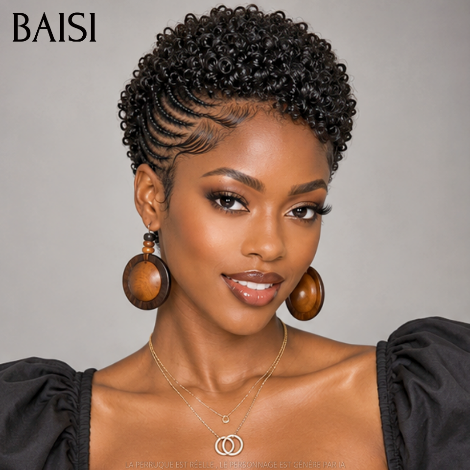 BAISI  Full Lace Perruque Pixie Courte Frisées Aves Nattes de Côté Déjà Coiffée  159€ Couleur Noir #1B Très Bonne Qualité 100% Cheveux humains MP50