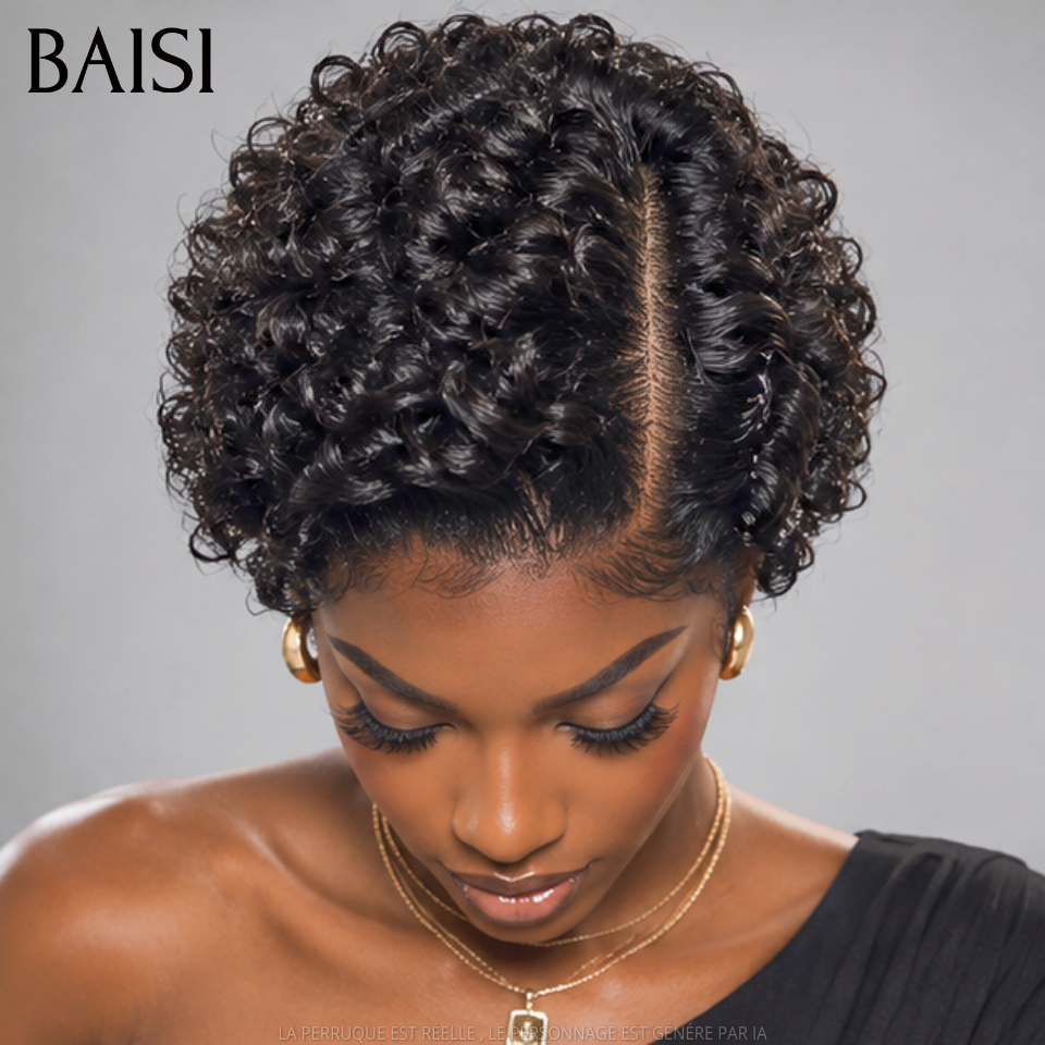 BAISI 13x4 Lace Perruque Pixie Curly Wave Courte Couleur Noir 1B# Magnifique Petite Boucle en 100% Cheveux Humains