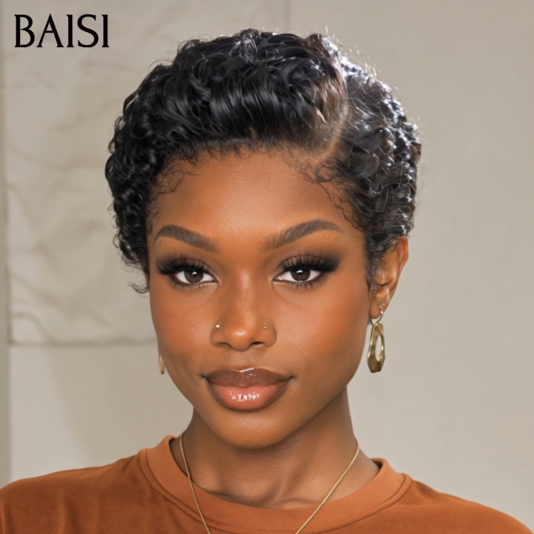 BAISI 13x4 Lace Perruque Pixie Wave Noir 68€ Prête A Porter Meilleure Perruque de Vacances Pas Chèr en 100% Cheveux humains