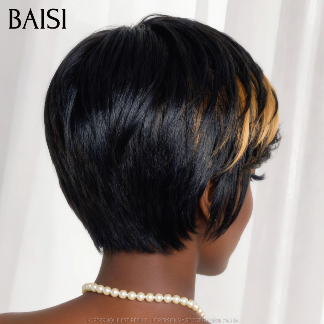 BAISI Perruque Pixie Lisse Noir Marron Clair 1B/33# 59€ Sans Colle Sans Lace Facile A Porter 100% Cheveux humains