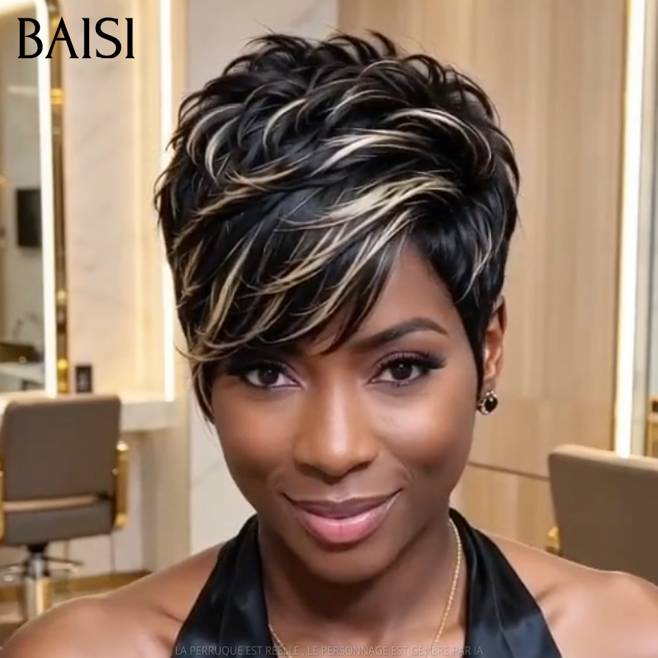 BAISI Perruque Pixie Lisse Couleur Noir Miel 1B/27# 49€ Sans Colle Sans Lace Coupe Effilée Dégradée en 100% Cheveux humains