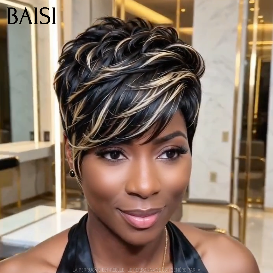 BAISI Perruque Pixie Lisse Couleur Noir Miel 1B/27# 49€ Sans Colle Sans Lace Coupe Effilée Dégradée en 100% Cheveux humains