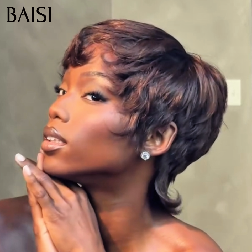 BAISI 13x4 Lace Perruque Pixie Marron 4# Petite Coupe Effilée 79€ Ou Demi-perruque Curly wave 99€ Topper cheveux partiel personnalisé en Couleur Blonde613#（ c'est pas une perruque entière ) en 100% cheveux humains