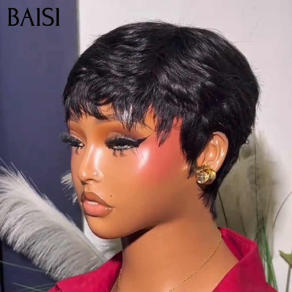BAISI Pixie Perruque Courte Sans Colle Sans Lace Noir 39€ Ou 13x4 Lace Frontale #996 6 Pouces #4/#350 Orange Mix Marron 68€ en 100% Cheveux Humains