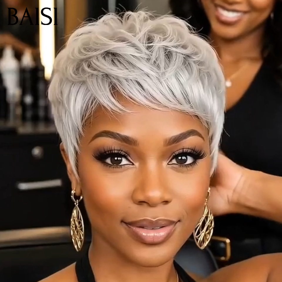 BAISI Perruque Pixie Courte Grise Sans Lace 69€ ou 13x4 Lace Frontal 99€ Très A la Mode en 100% Cheveux humains