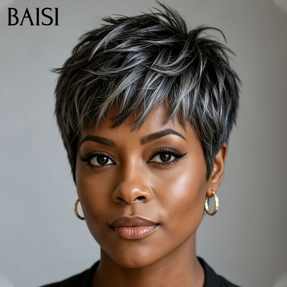 BAISI Perruque Pixie Lisse Coupe Effilée Gris style contemporain sans colle Sans Lace en 100% Cheveux Humains BS30