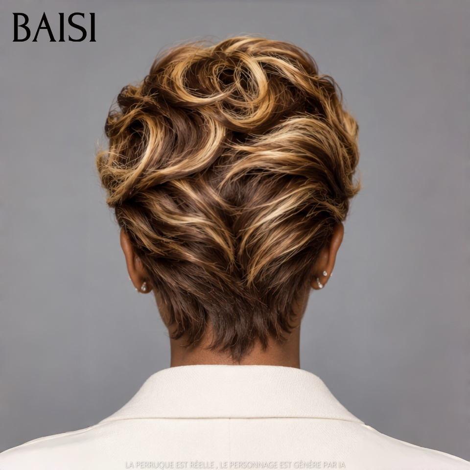 BAISI Perruque pixie avec lace frontal Bouclée 60€ en couleur Marron Mixte Miel Facile à porter En 100% Cheveux Humains