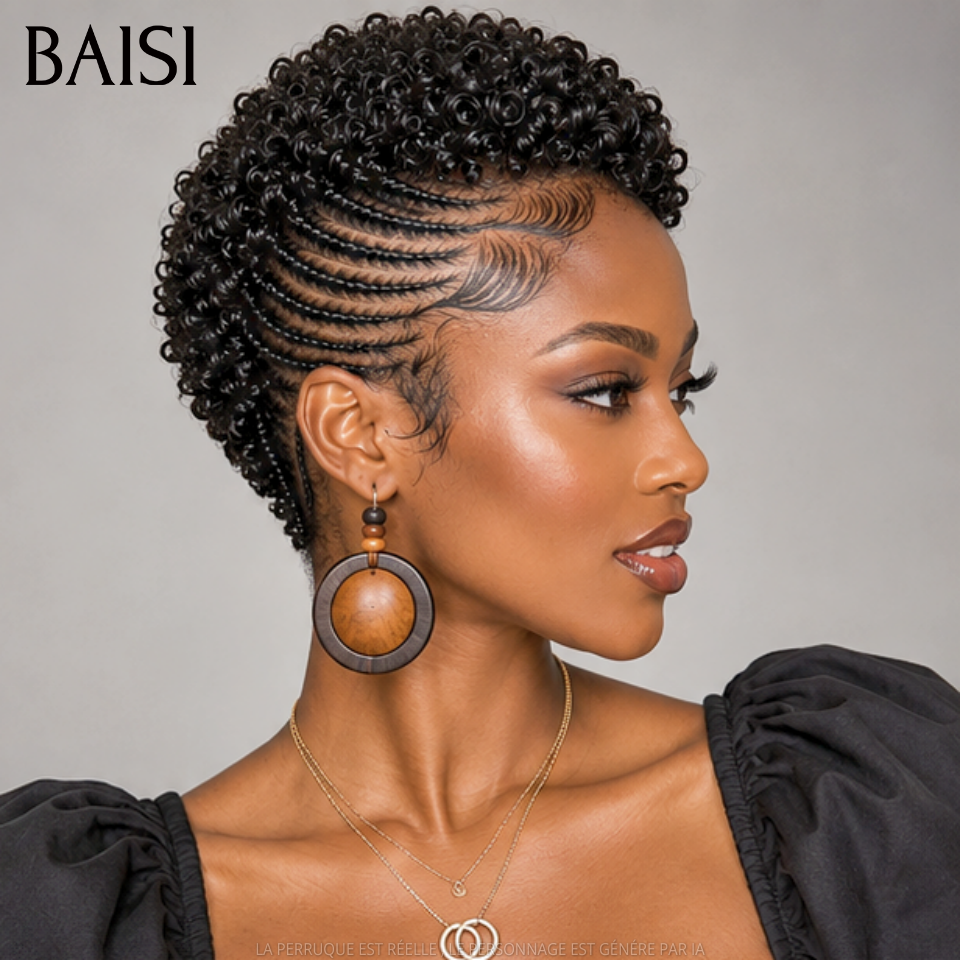 BAISI  Full Lace Perruque Pixie Courte Frisées Aves Nattes de Côté Déjà Coiffée  159€ Couleur Noir #1B Très Bonne Qualité 100% Cheveux humains MP50
