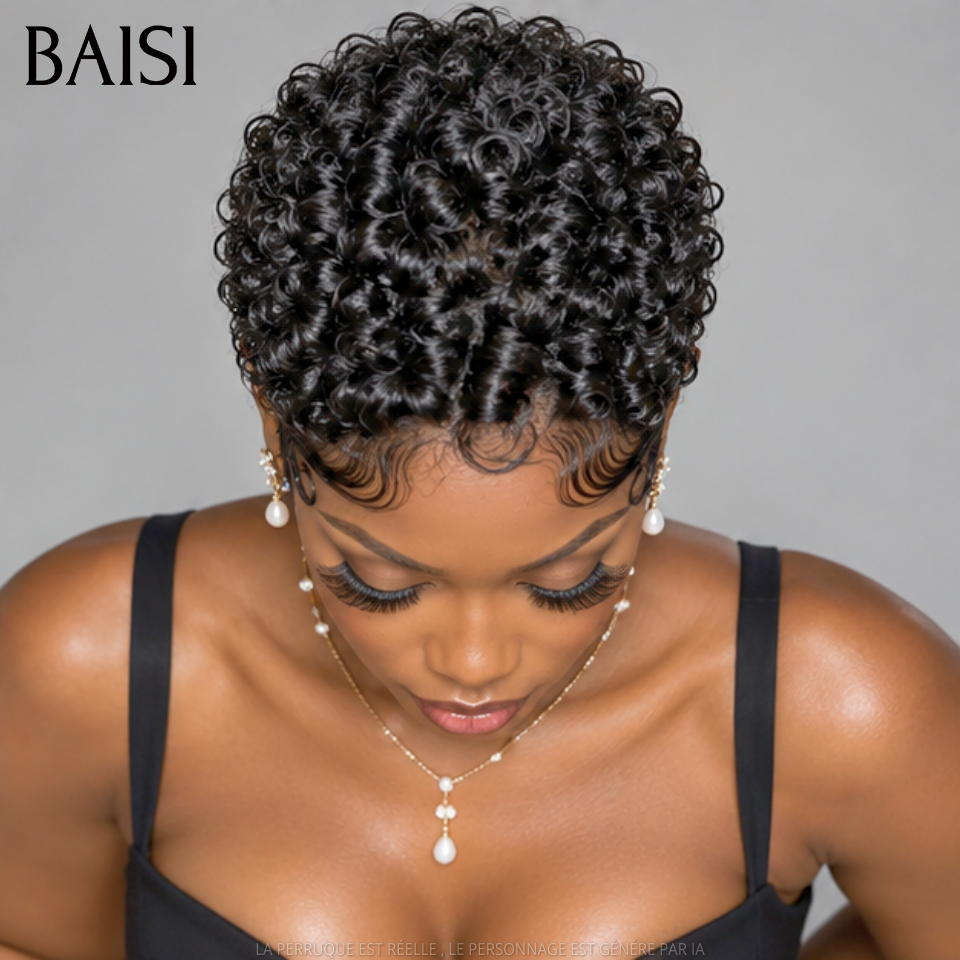 BAISI Full Lace Perruque Pixie Courte Bouclée 169€ Couleur Noir 1B# Avec Raie de Coté Hyper Captivante en 100% Cheveux Humains
