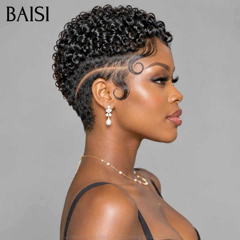 BAISI Full Lace Perruque Pixie Courte Bouclée 169€ Couleur Noir 1B# Avec Raie de Coté Hyper Captivante en 100% Cheveux Humains