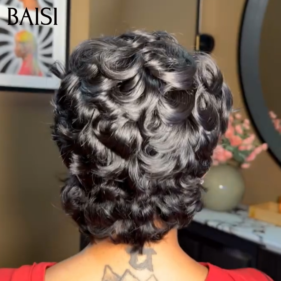 BAISI  13X4 lace Perruque Pixie Vague Elégante 6 Pouces Curly wave Noir 55€ Seulement en 100% Cheveux Humains