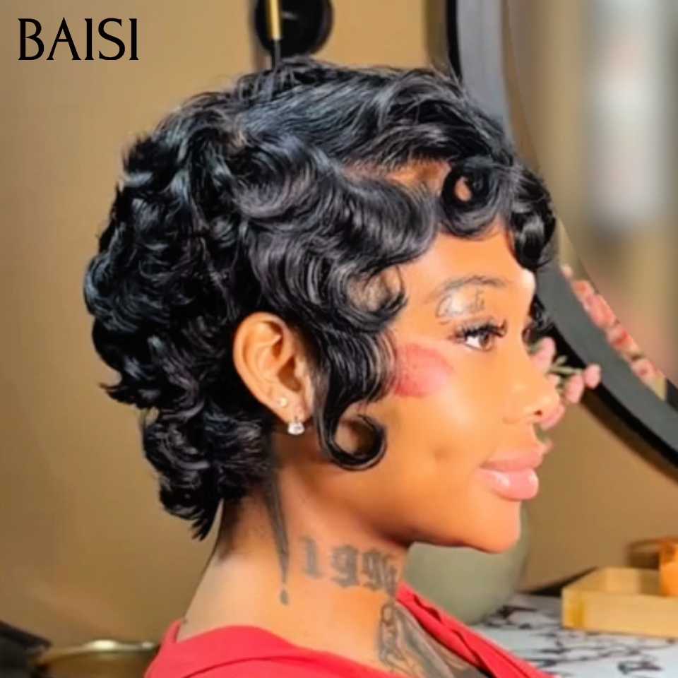 BAISI  13X4 lace Perruque Pixie Vague Elégante 6 Pouces Curly wave Noir 55€ Seulement en 100% Cheveux Humains