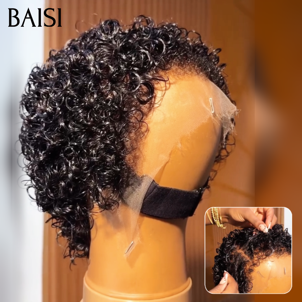 BAISI Perruque Pixie Curly Noir Lace Frontal 13x4 ou Full Lace Ou Perruque Pixie Afro sans lace sans colle différente Couleur en 100% cheveux humains