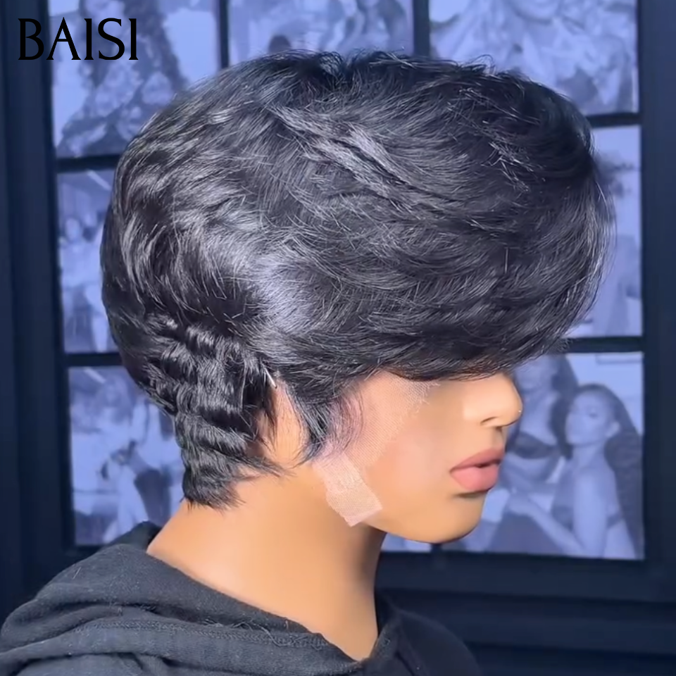 BAISI 13x4 Lace Perruque Coiffée Pixie Courte Lisse 88€ Longue Frange Balayée Style Très Moderne Déjà Prête A Porter En Couleur Noir 1B# en 100% Cheveux humains