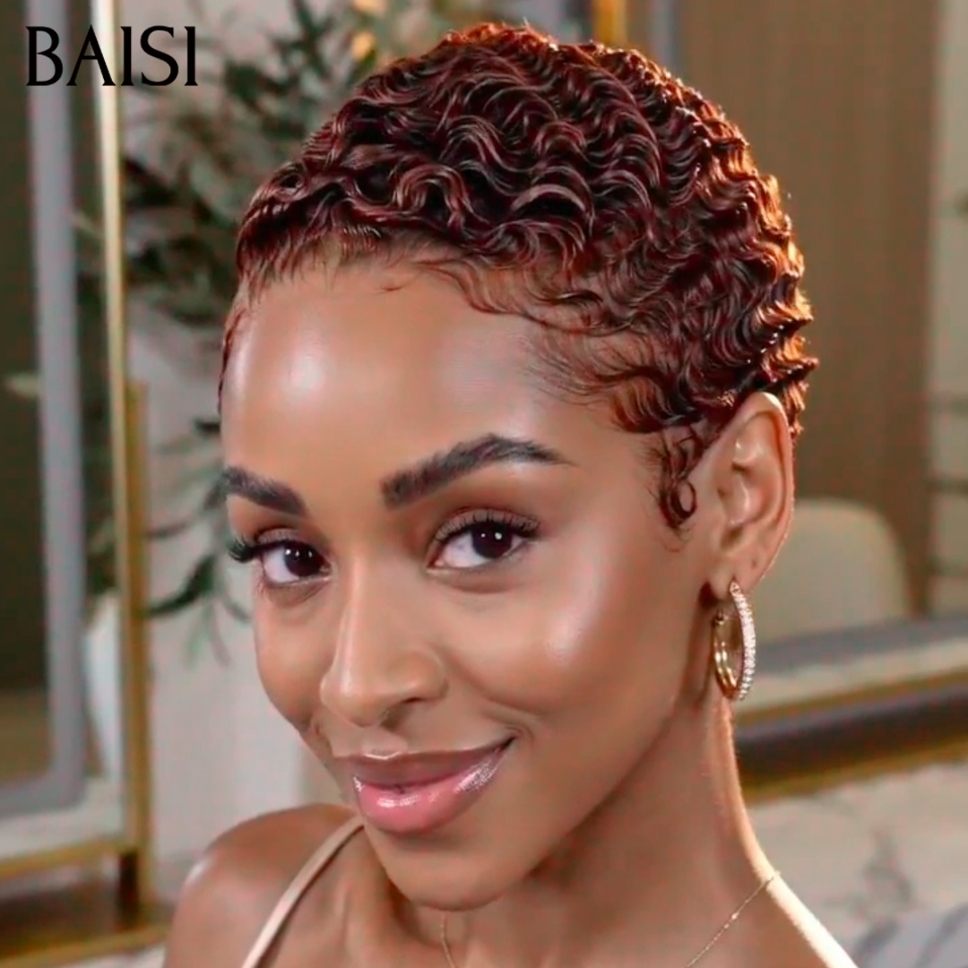 BAISI 13x6 Lace Perruque Déjà Coiffée Pixie Curl Couleur Marron 4# 119€ Resplendissante en 100% Cheveux humains