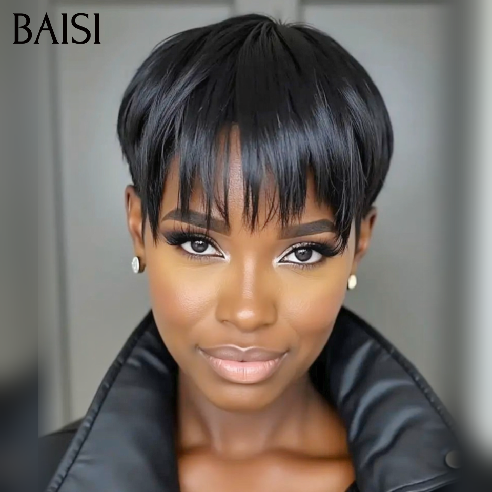BAISI Perruque Pixie Lisse Noir Sans Colle 38€ Seulement Tendance Coupe Garçon Perruque Spéciale Vacances en 100% Cheveux Humains