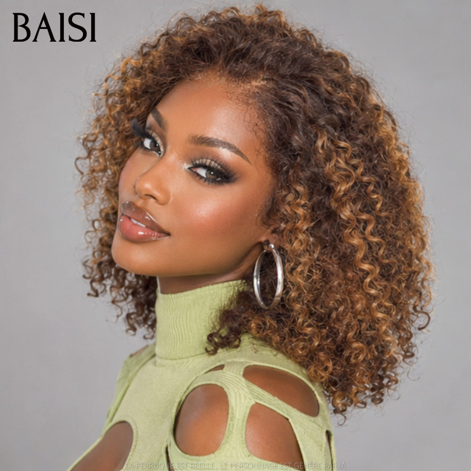 BAISI 13x4 Lace Perruque Bob Frisée Curly 14Pouces 109€ Couleur Marron Clair 4/30# Pour la Saison Tropicale en 100% Cheveux humains