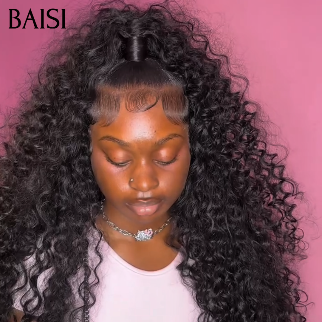 BAISI 13x4 Lace Perruque Déjà Coiffée Curly Couleur Noir 20pouces 26pouces et 30Pouces Pour le travail en 100% Cheveux humains