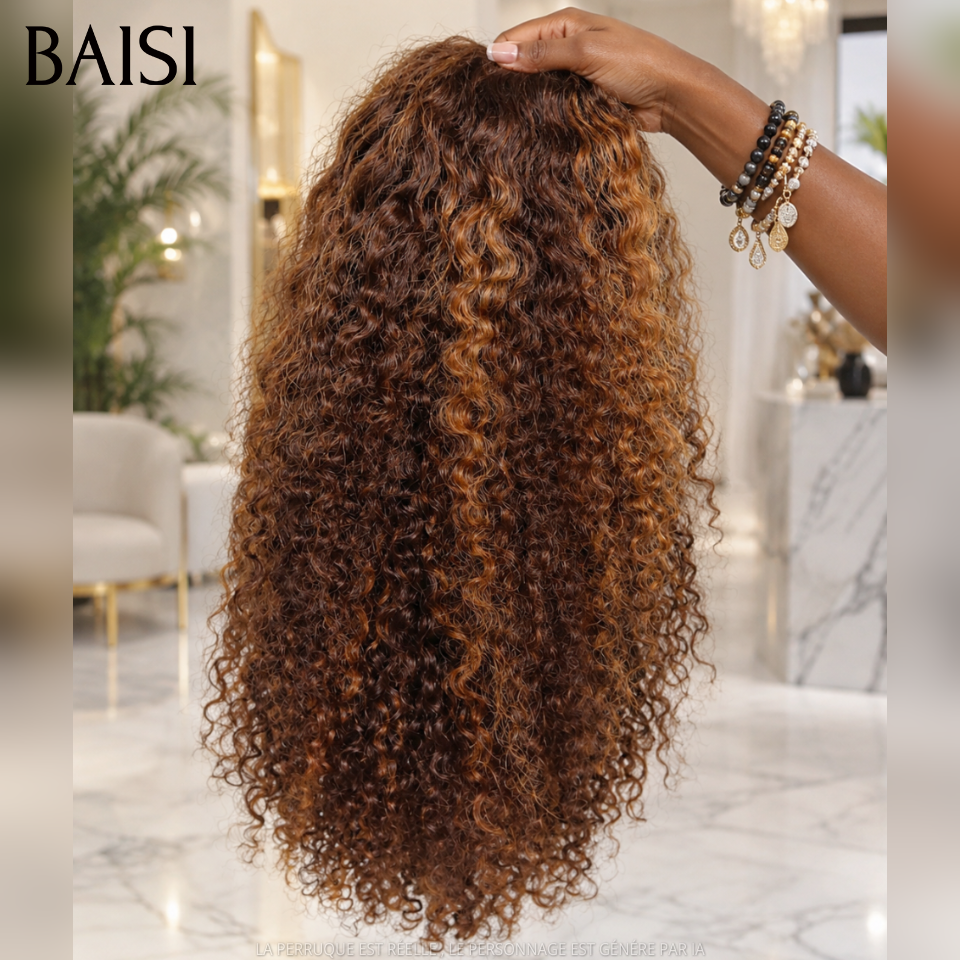 BAISI Closure Lace Perruque Curly Couleur Mixte Miel 4/27#  Disponible en 20Pouces A partir de 146€ Très Bonne Qualité en 100% Cheveux humains