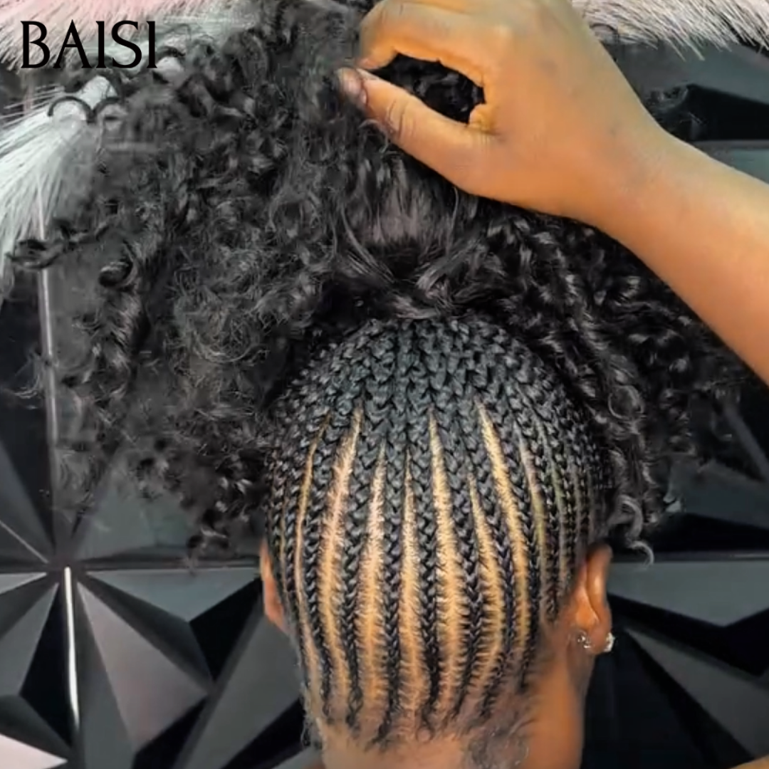 BAISI Full Lace Perruque Curly Déjà Coiffée Couleur Noir 169€ Devanture En Nattes Romantiques Dentelle Respirante Pour l'Eté en 100% Cheveux humains
