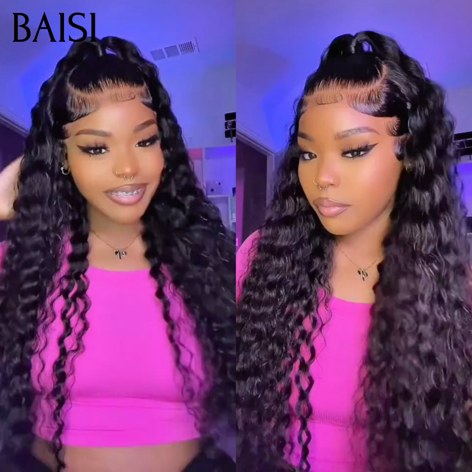 BAISI 13x4 lace Perruque Coiffée Longue Curly Couleur Noir 1B# Prête A Porter Au Quotidien en 100% Cheveux Humains