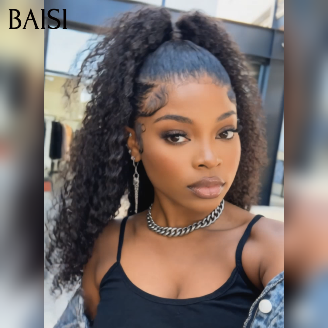BAISI 13x4 Lace Perruque Kinky Curly Déjà Coiffée Couleur Noir 22Pouces 169€ Coiffure A la Mode pour les Vacances en 100% Cheveux humains