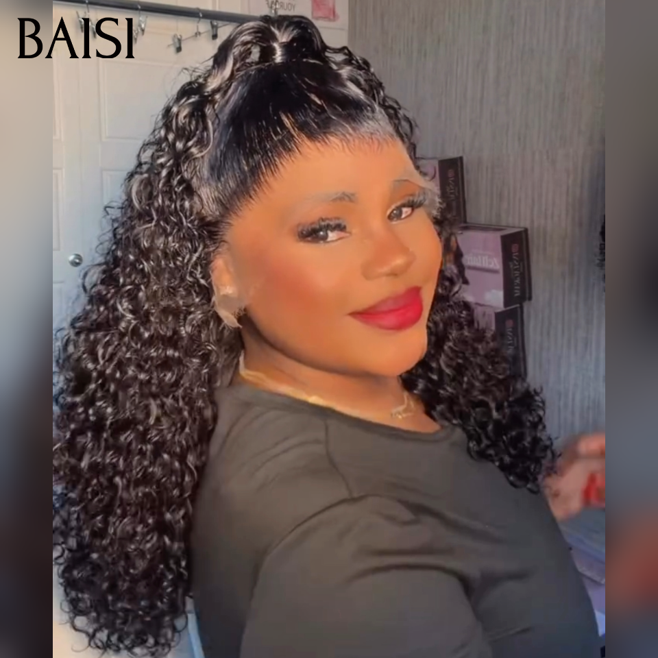 BAISI 13x4 lace Perruque Coiffée Kinky Curly Coiffure Demi Chignon Boucle bien serrée 18Pouces 158€ Prix très Abordable Déjà Prête à Porter  en 100% Cheveux humains
