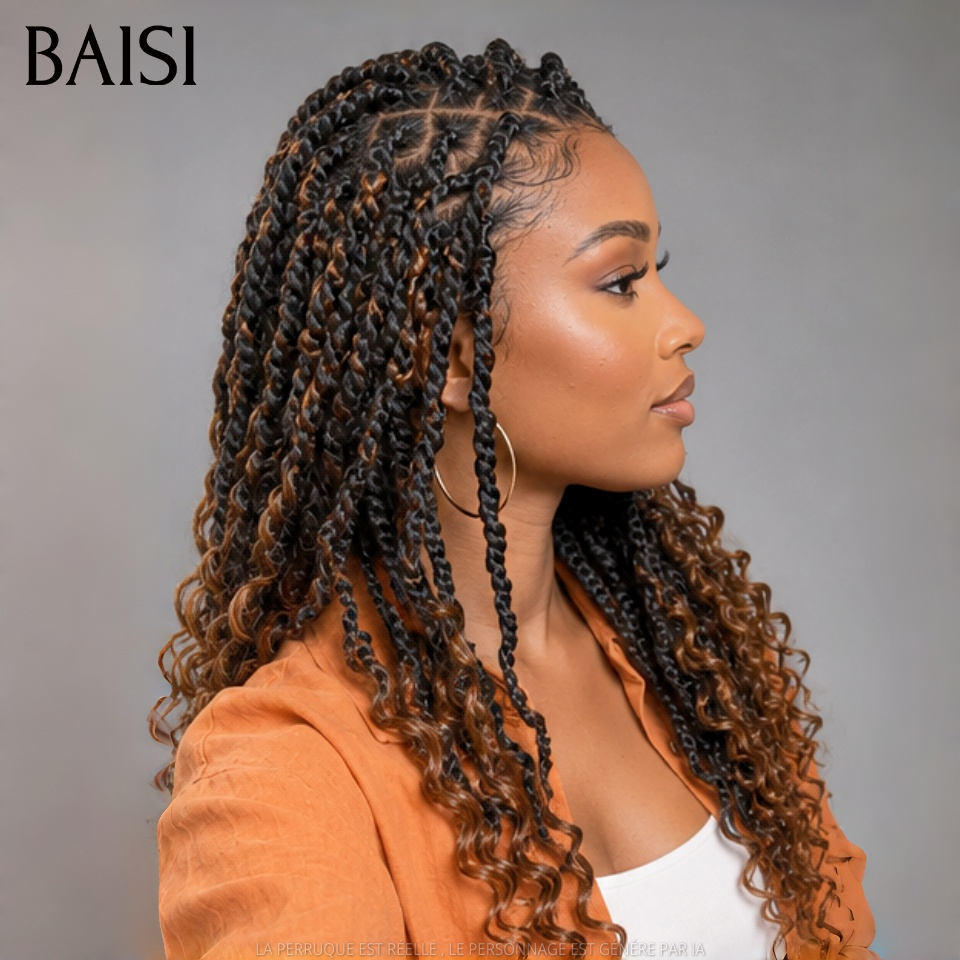 BAISI 13x4 lace frontal Perruque Coiffée avec natte curly  148€ Couleur Noir Mixte Marron 1B/4# Déjà Prête A Porter en 100% Cheveux Humains